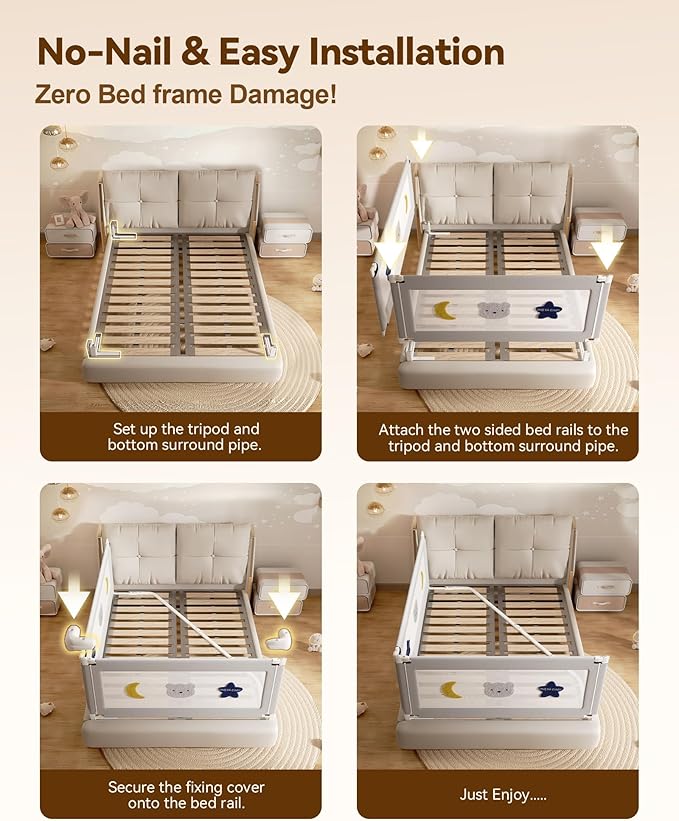 2 Piece Bed Rails for King Size Bed, No-Drill Needed Baby Bed Rail Guard for Toddlers with Height Adjustable, Thickened Child Safety Side Railing Guards/Bedrail for Kids, Grey Star, 74.8x78.7Inches
