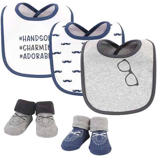Hudson Baby Unisex Baby Cotton Bib and Sock Set, Handsome Charming Adorable, One Size