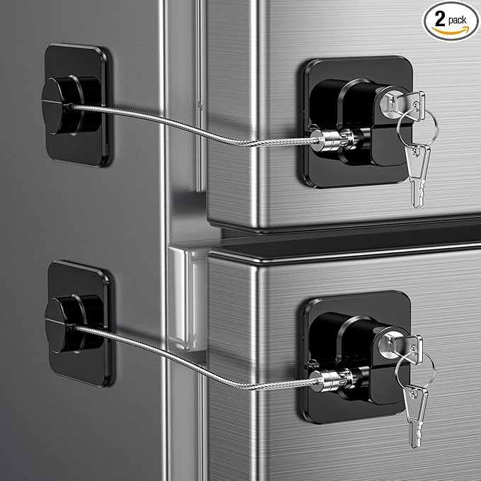2 Pack Refrigerator Door Locks, Child Proof Fridge Lock for Kitchen Freezer, Cabinets and Drawers, Air Oven Air Fryer, Closets, Windows, Doors-No Tools Need or Drill (Patent)