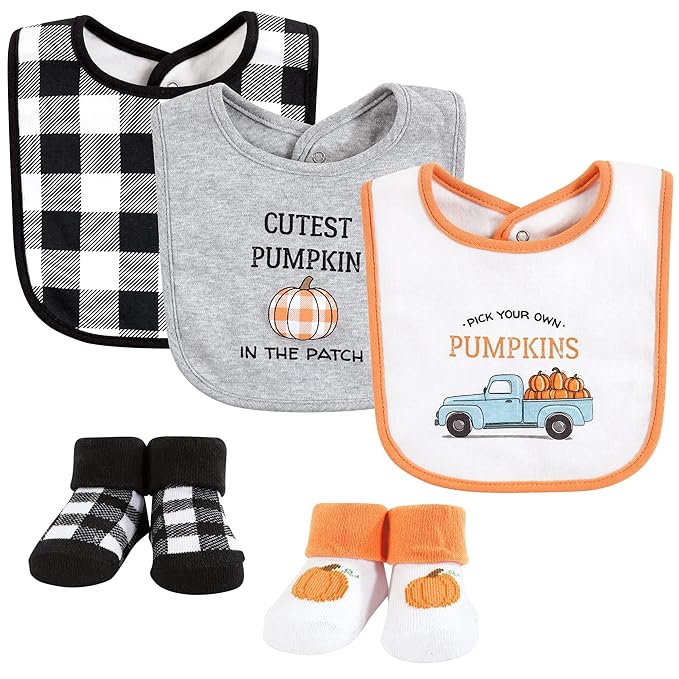 Hudson Baby Unisex Baby Cotton Bib and Sock Set, Pumpkin Truck, One Size
