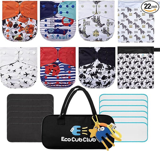 Reusable Washable Cloth Diapers 6pcs for Baby Shower,Leak-Proof Double Gussets Quick-Dry AWJ Lining,12 Soft Fleece Inserts & 2 Wet Bags,Packed in Durable Travel Handbag&Key Chain-B-03-A