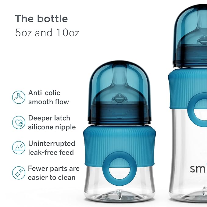 Smilo Baby Bottle Feeding Gift Set - Bottle Set with 100% Silicone Newborn Pacifier, Replacement Nipples and Baby Bottles Cleaning Brush - Perfect Essentials and Gift for Girls & Boys - Blue
