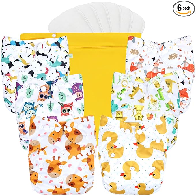 wegreeco Cloth Diapers 6 Pack with 6 Inserts & 1 Wet Bag, Washable Cloth Diapers for Babies, One Size Adjustable Reusable (Bright Animals)