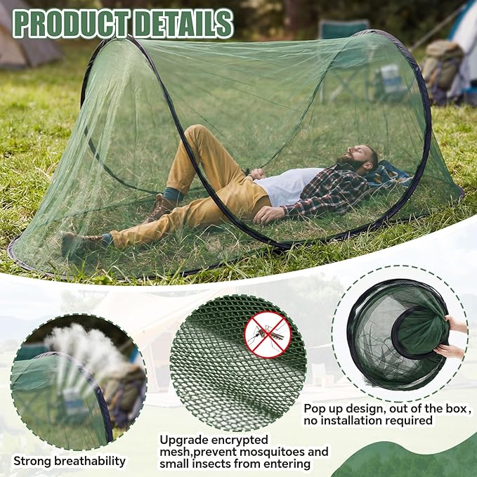 2 Pcs Large Pop up Mosquito Tent Portable Foldable Mosquito Bug Net for Bed Camping Travel Patio Outdoor 78 * 31 * 22 Inch Bug Netting Mesh Tent Canopy for Adults Bedroom, Green