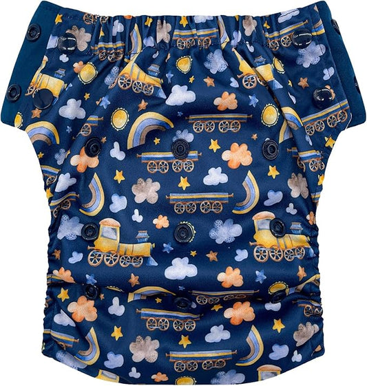 EcoAble Reusable Potty Training Diaper with Insert, Daytime Pull-on Cloth Training Pants for Toddlers and Big Kids (Size 2, Trains)