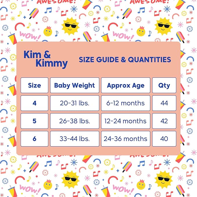 Kim & Kimmy Eco Diaper Pants, Size 4, 20-31 lbs, 44 Pants - 12 Hour Leak Protection, No Rashes, Hypoallergenic, Ultra-Soft & Highly Absorbent - Cruelty Free & Vegan - Summer Icons