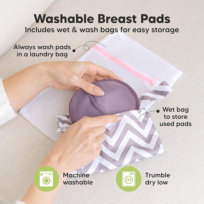 Organic Nursing Pads - 14 Washable Breast Pads for Breastfeeding, Wash Bag, Viscose Derived from Bamboo Reusable Nipple Covers for Breastfeeding Essentials, Soft & Absorbent (Violet, L 5")