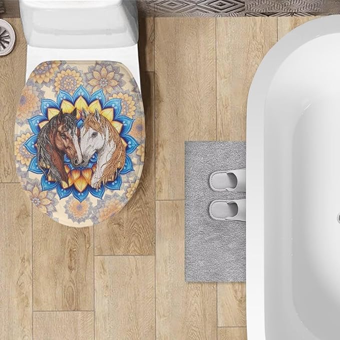Horse Print Toilet Cover Elastic Edges Seat Covers Boho Flower Toilet Cover Soft and Breathable Toilet Lid Covers for Bathroom Fits Most Toilet Lids Covers，Bathroom Accessories Decor