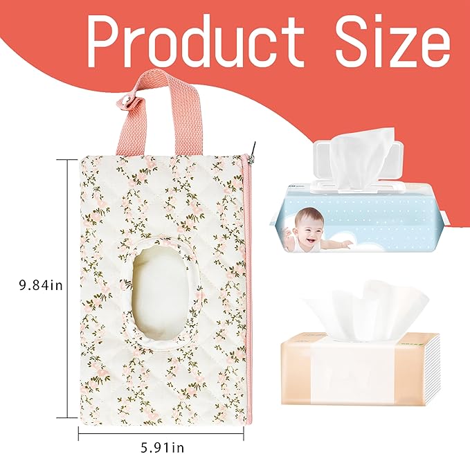 Quilted Baby Wipe Holder Floral Diaper Pouch Portable Quilted Wipes Bag for Car, Stroller