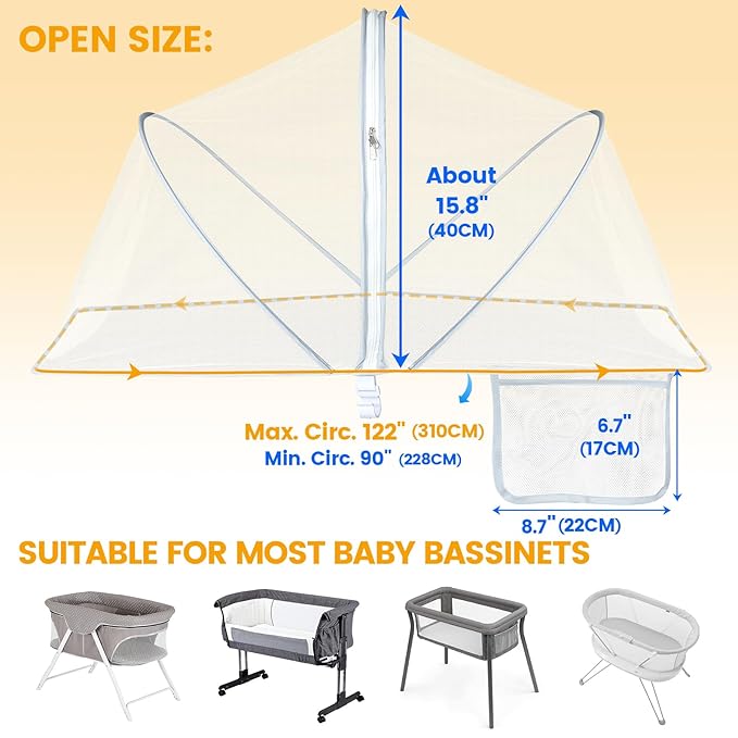 Orzbow Bassinet Cover for Cats - Breathable Mosquito Net Cover for Bassinets/Travel Cribs/Mini Cribs, Baby Mosquito Net to Keep Pets Out, with Two-Way Self-Locking Zippers and Storage Bag, White