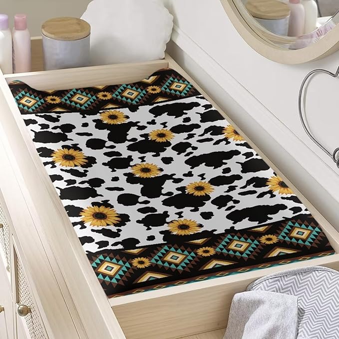 ZDCUSTOM Aztec Sunflower Cow Changing Pad Cover Changing Table Sheets Diaper Changing Table Cover Comfy Cozy Cradle Sheets Fits 32"x16" Contoured Pad