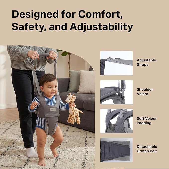 Watolt Baby Walking Helper Harness - Help Toddlers Learn to Walk Stand Up with Adjustable Handheld Walker - Learning Assistance Safety Belt Harness Support for Babies 6 to 24 Months (Grey)