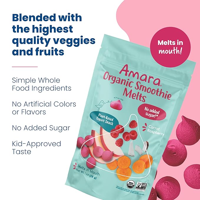 Amara Smoothie Melts - Carrot Raspberry - Baby Snacks Made With Fruits and Vegetables - Healthy Toddler Snacks For Your Kids Lunch Box - Organic Plant Based Yogurt Melts - 6 Resealable Bags