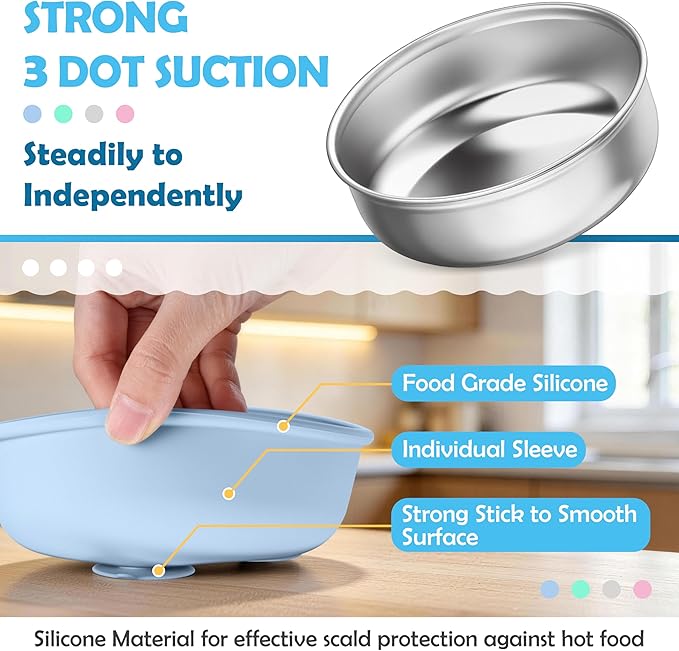 HaWare Baby Bowls with Suction, Stainless Steel Toddler Bowl with Removable Silicone Sleeve, Non-Slip Child Food Bowl with Silicone Suction, Unbreakable Kids Bowls for Feeding, Blue+Green+Pink, 3 Pack