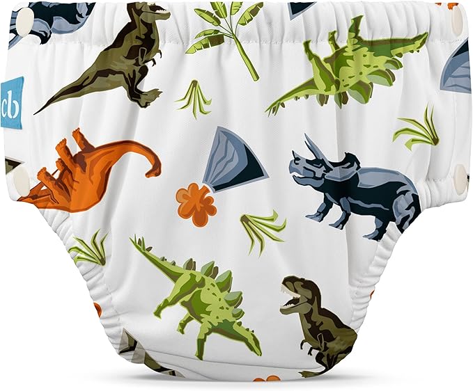 Charlie Banana Reusable Swim Diaper, Washable, with Easy On and Off Snaps for Baby Girls Boys, Soft and Snug Waterproof Fit to Prevent Leaks - Dinosaurs, Size M (16-28 lbs)