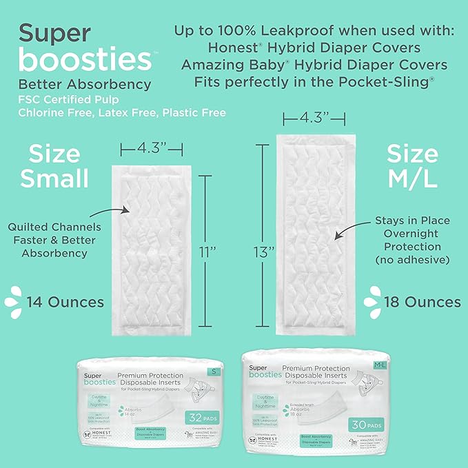 Overnight Diaper Leak Stopper, Super Boosties Disposable Inserts, Use with Pampers Sizes 2-6, Honest Hybrid Diaper Cover Sz Small, Amazing Baby Cover Sz 2, Pocket-Sling Compatible, 4.3x11 in, 32 count