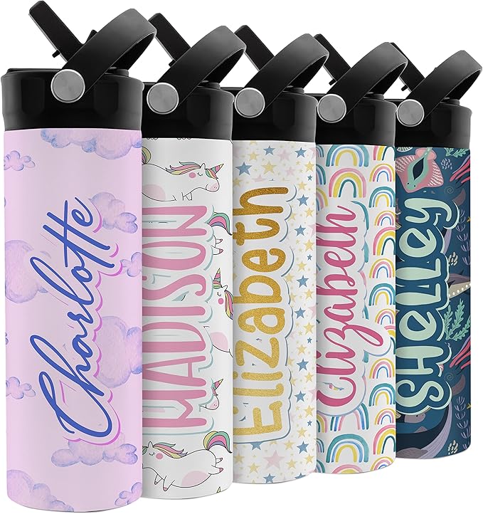 Personalized Water Bottle for Kids - 20 oz - 15 Design Options, Custom Water Bottle for Children - End of School Year Gifts, Pink Clouds