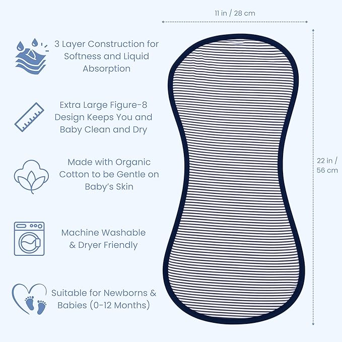Tom Tom's Kids + Baby Organic Baby Burp Cloths 5 Pack - GOTS Certified Organic Cotton, Classic Contoured Figure-8 Design, Extra Absorbent, 22x11 in, Traditional Girls, Pink and Navy