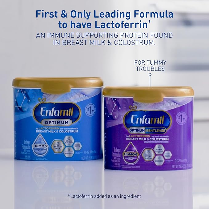 Enfamil Optimum Gentlease Baby Formula, Our Closest Formula to Breast Milk For Fussiness, Crying, Gas & Spit-up, Immune-Supporting Lactoferrin also found in Breast Milk, 19.5 Oz, Pack of 4