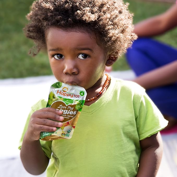 HAPPYTOT Organics Stage 4 Baby Food Pouches,Gluten Free, Vegan Snack, Love My Veggies, Fruit & Veggies Puree, Apples, Zucchini, Green Beans & Spinach 4.22 oz Pouch (Pack of 16)