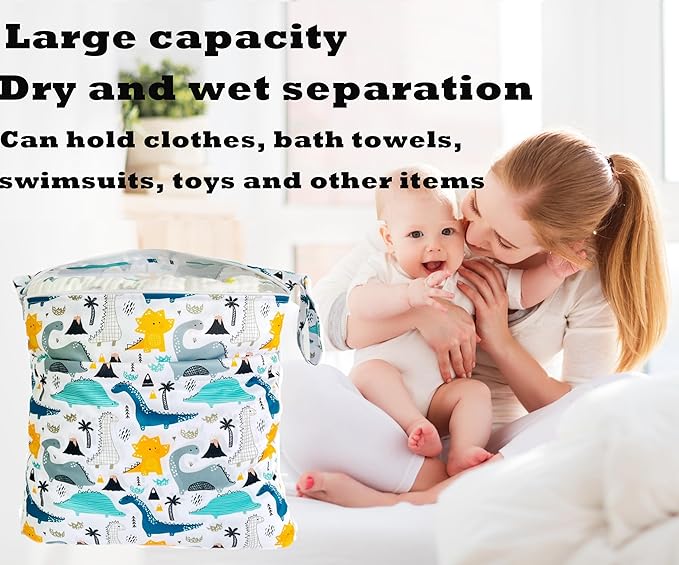 Wet Dry Bag for Cloth Diapers, 2PCS Waterproof Reusable Wet Bag with Zippered Pockets, Washable, Reusable for Travel, Beach, Pool, Stroller, Diapers, Dirty Gym Clothes, Swimsuits, 14x12In & 12x11In