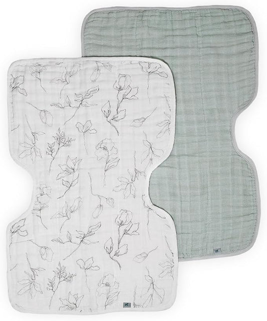 Little Unicorn 100% Natural Organic Cotton Burp Cloth 2 Pack | Ultra-Absorbent & Soft Muslin Fabric | Larger Size & Ergonomic Design (Pencil Floral + White Sage)