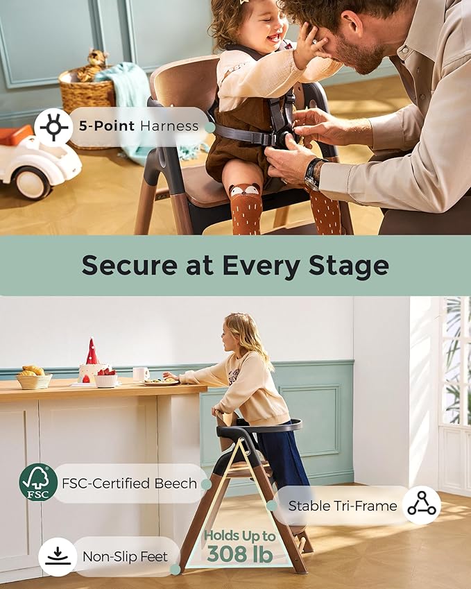 Momcozy High Chair, 5-in-1 Convertible Wooden High Chair with Food-Grade Tray, Baby Set with Removable Harness and Toddler Tower, Highchair for 6 Months to 308 lb, Adjustable & Ergonomic, Walnut