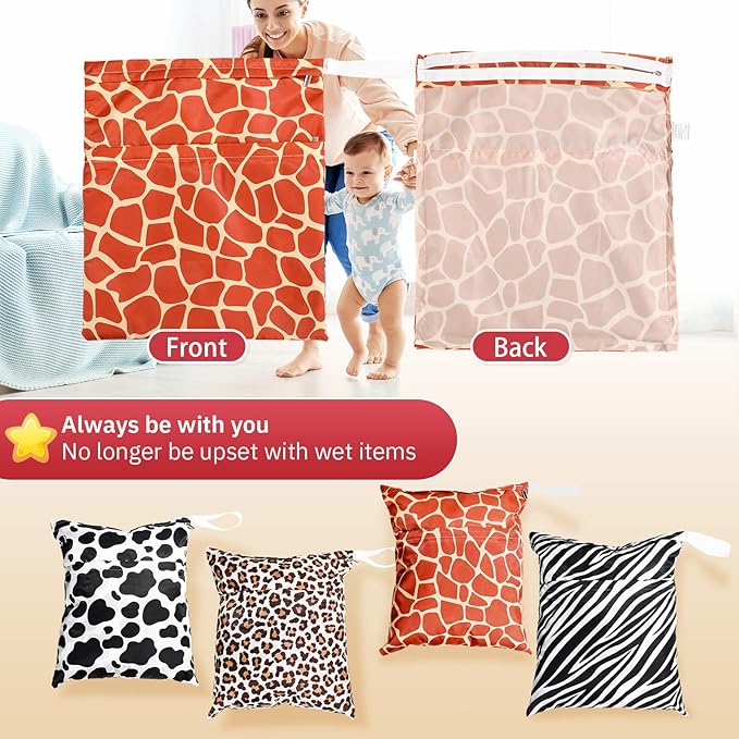 Frienda 4 Pieces Cloth Diaper Wet Dry Bag, Waterproof Reusable Washable Bag for Baby Items and Travel Zippered Pockets with Handle, Beach, Swimsuit, Dirty Gym Clothes and Toiletries(Animal Print)