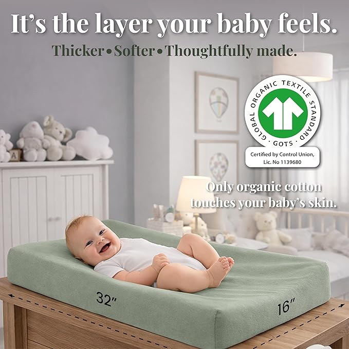 Plush Organic Changing Pad Covers Boy, Girl - GOTS 100% Certified Organic Cotton Changing Table Pad Cover, Baby Nursery Diaper Changing Pad Sheets,Table Contour Pads Liners (Forest Green + Sage Green)