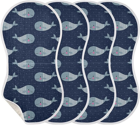 Cute Whale Blue Polka Dot Muslin Burp Cloths for Baby 4 Pack Soft 100% Cotton Baby Washcloths Bibs for Boy Girl