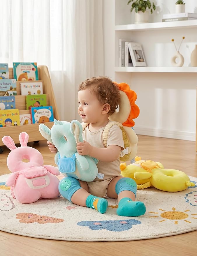 JunNeng Baby Head Protector Backpack with Squeaker, Knee Pads, Anti-Slip Socks, Yellow Lion Sets