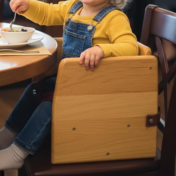 TrueCraftware– 17" Children Booster Seat Natural Wood Finished Rubber Wood with Harness Straps Seat Back Support Maximum Knock-Down Package Stackable Booster Seat for Dining Table