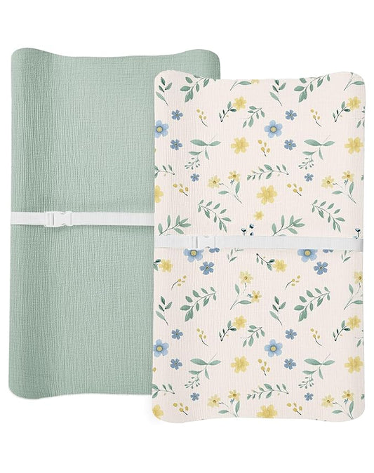 Changing Pad Cover for Baby Boy Girl 2 Pack, Muslin Changing Table Pad Covers with Boho Style, Neutral Nursery Bedding Essentials Soft and Breathable (Spring Garden & Sage)