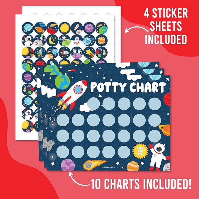 Hadley Designs Potty Training Chart for Toddlers Boys -10 Sticker Potty Chart for Toddlers Boys, 8.5x11" Potty Training Sticker Charts for Toilet Success, Space Toddler Reward Chart for Kids