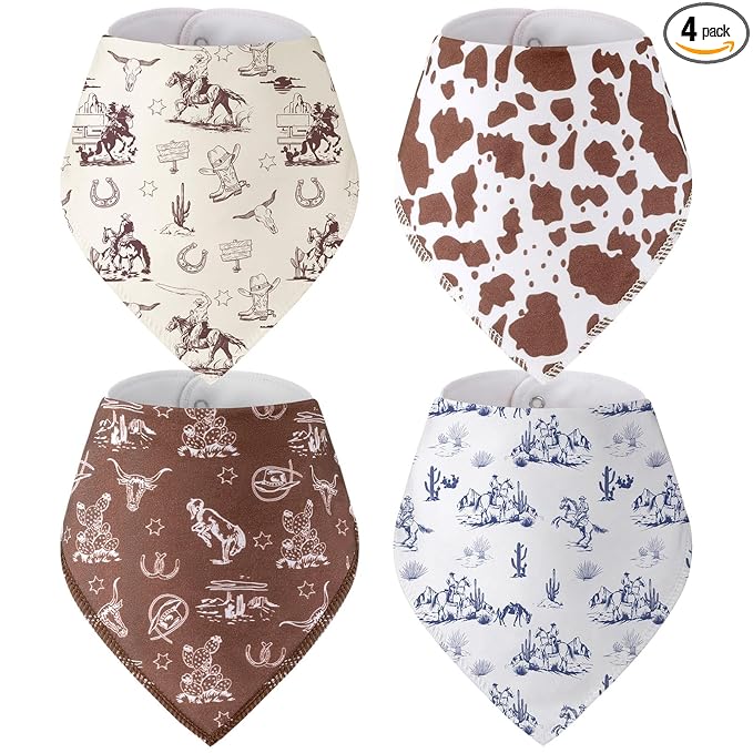 VitalCozy 4 Pcs Vintage Western Baby Bandana Bib Cotton Newborn Infant Feeding Drool Bib for Drooling and Teething Girl Boy