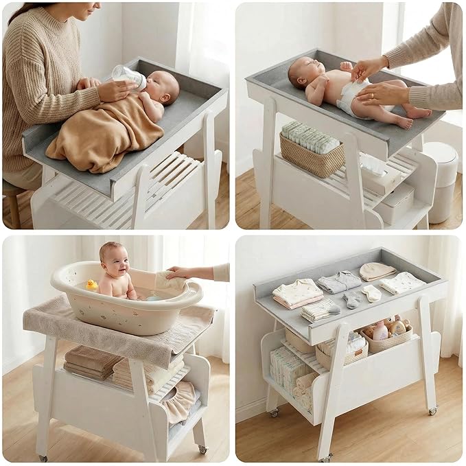 Diaper Changing Station Baby Flat Top Changing Table with Wheels and Changing Pad Nursery Organizer & Storage Rack Mobile Nursery Diaper Changing Table for Baby, Newborn (White)