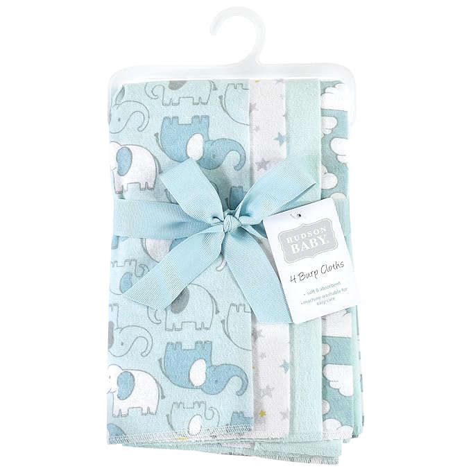 Hudson Baby Unisex Baby Cotton Flannel Burp Cloths, Boy New Elephant 4-Pack, One Size