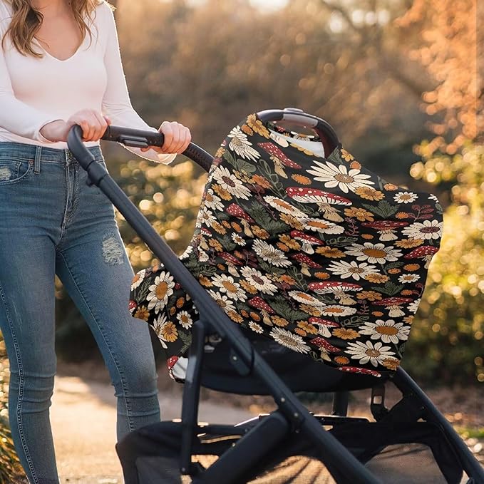 Mushroom Daisy Breathable Nursing Cover Up and Car Seat Cover for Babies Breastfeeding Cover for Baby Boy & Girl Adjustable Stretchy Infant Carseat Canopy Carrier Cover