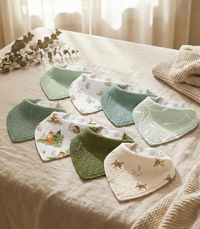 Muslin Baby Bibs 8 Pack, Baby Bandana Drool Bib for Drooling and Teething, Cotton Soft Absorbent for Girls Boys (Sage Green Jungle Animals)