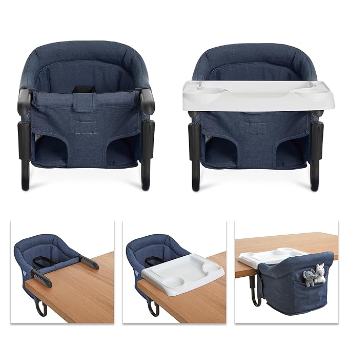Evolur Clamp-On Comfort Table Chair, Portable Clip-On High Chair for Babies & Toddlers (6–36 Months), Removable Washable Seat Cover, Dishwasher-Safe Tray, Foldable Design with Carry Bag – Navy