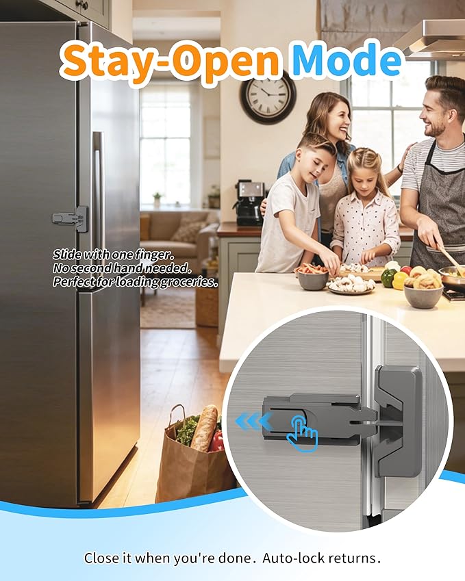 Yunkey Child Safety Fridge Lock — Auto-Lock Design, One-Hand Open & Self-Locking Close — Helps Keep Toddlers & Pets Out — 3M Strong Hold & Clean Removal | Gray, 2-Pack