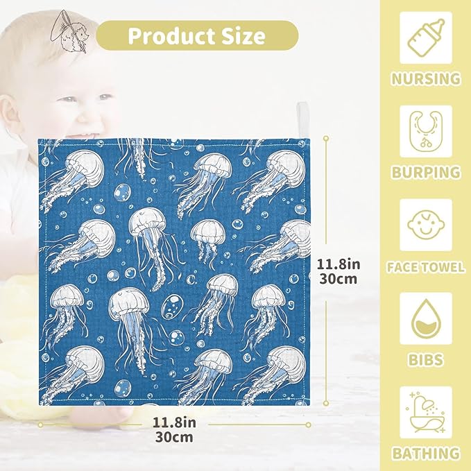 vvfelixl Baby Muslin Washcloths Jellyfish Bubbles Baby Burp Cloths Cotton Babys Face Towel for Newborn Infants Boys Girls Soft and Absorbent 11.8 X 11.8 in, 3 Pack