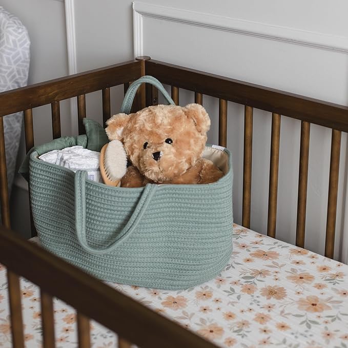 Natemia Rope Diaper Caddy Organizer – Nursery Storage Basket with 3 Compartments for Breast Pump Storage, Diapers, Wipes & Toys – Portable Tote and Gift Bag for Registry and Newborn Essentials
