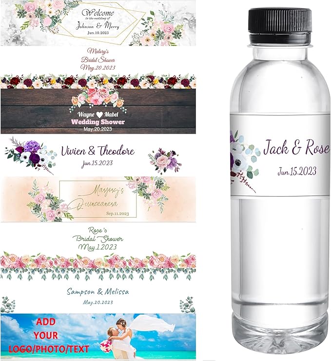 Personalized Water Bottle Labels for Wedding Custom Wedding Labels with Name for Water Bottle Stickers Waterproof Printable Photo Bottle Labels Bridal Shower Gifts 50 Pcs