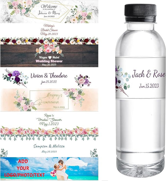 Personalized Water Bottle Labels for Wedding Custom Wedding Labels with Name for Water Bottle Stickers Waterproof Printable Photo Bottle Labels Bridal Shower Gifts 50 Pcs