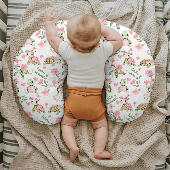 Baby Girls Nursing Pillow Cover Sea Turtle Pink Green Floral, Turtley Adorable Flower Breastfeeding Pillowcase, Bottle Feeding Pillow Slipcover Shower Gift Cover Only