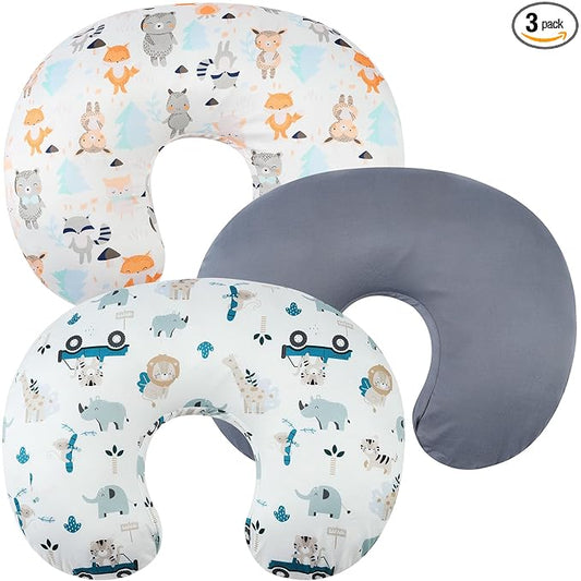 Nursing Pillow Cover Set 3 Pack Nursing Pillow Slipcovers for Moms Breastfeeding Moms, Ultra-Soft Stretchy Fit Standard Nursing Pillows Elephant Tiger,Fox & Grey