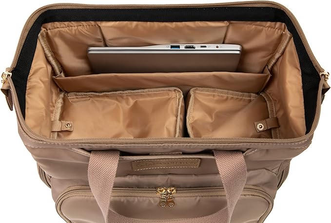 Sarah Wells Norah Breast Pump Backpack for Work & Travel – Insulated Milk Storage, Laptop Sleeve, Stylish Diaper Bag Alternative with Wide-Open Frame – Hands-Free Pumping Bag (Latte)