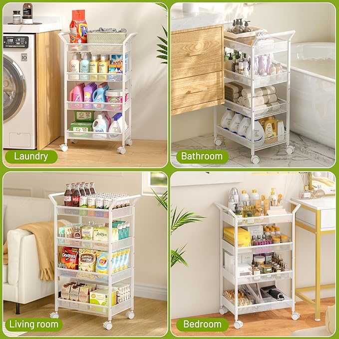 4-Tier Baby Diaper Caddy Cart, Diaper Caddy Organizer and Storage, Nursery and Baby Essentials Storage, Rolling Utility Cart for Bedroom and Bathroom, White