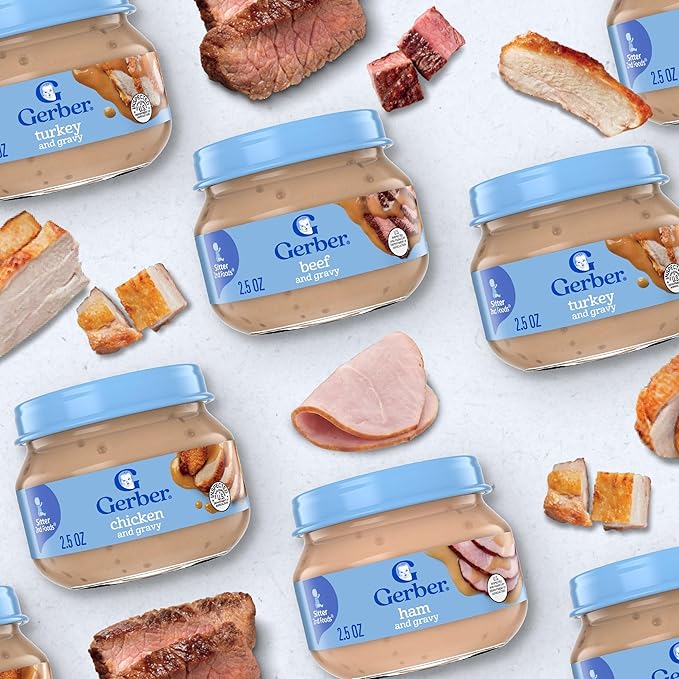 Gerber Stage 2 Baby Food, Ham and Gravy Jar, Baby Food Puree, Baby Mealtime, Baby Puree Jars Glass